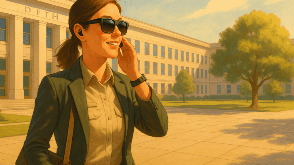 Art Generated Using 'Dall-E' by Brittany Chiang - Female Defense Contractor Taking a Call with AI Enabled Headset