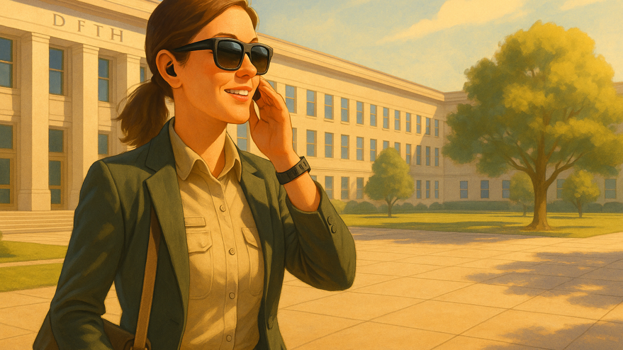 Art Generated Using 'Dall-E' by Brittany Chiang - Female Defense Contractor Taking a Call with AI Enabled Headset