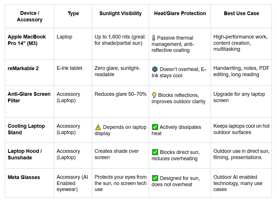 Table Presenting Sun-Friendly Devices and tools including reMarkable, Anti-glare screen filter, Cooling Laptop Stand, Meta Glasses.