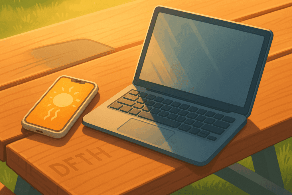 Smartphone and Laptop Pictured on a Picnic Table Under the Sun. The phone is giving an error message for overheating and the laptop has a glare 