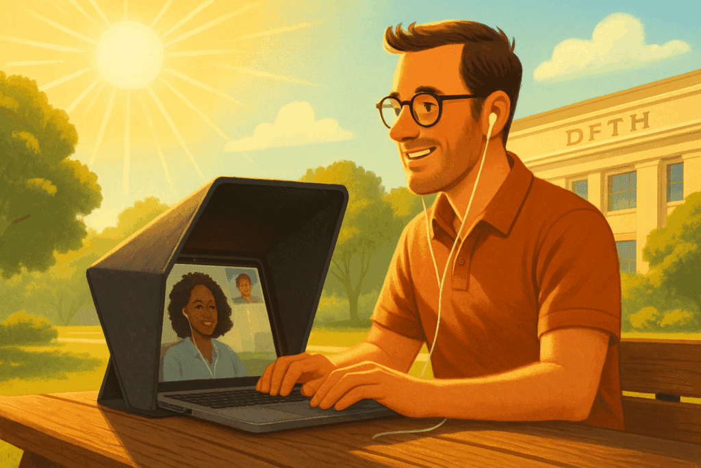 Information Based Worker Taking a Zoom Call, Using a Laptop Hood Under the Sun